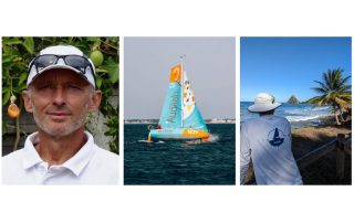 Un bateau aux couleurs d’Audilab sur la Mini-Transat 2023