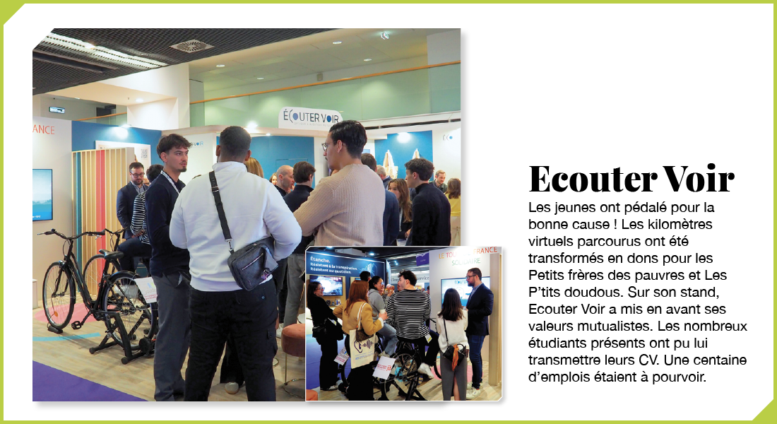 Ecouter Voir : Les jeunes ont pédalé pour la bonne cause ! Les kilomètres virtuels parcourus ont été transformés en dons pour les Petits frères des pauvres et Les P’tits doudous. Sur son stand, Ecouter Voir a mis en avant ses valeurs mutualistes. Les nombreux étudiants présents ont pu lui transmettre leurs CV. Une centaine d’emplois étaient à pourvoir.