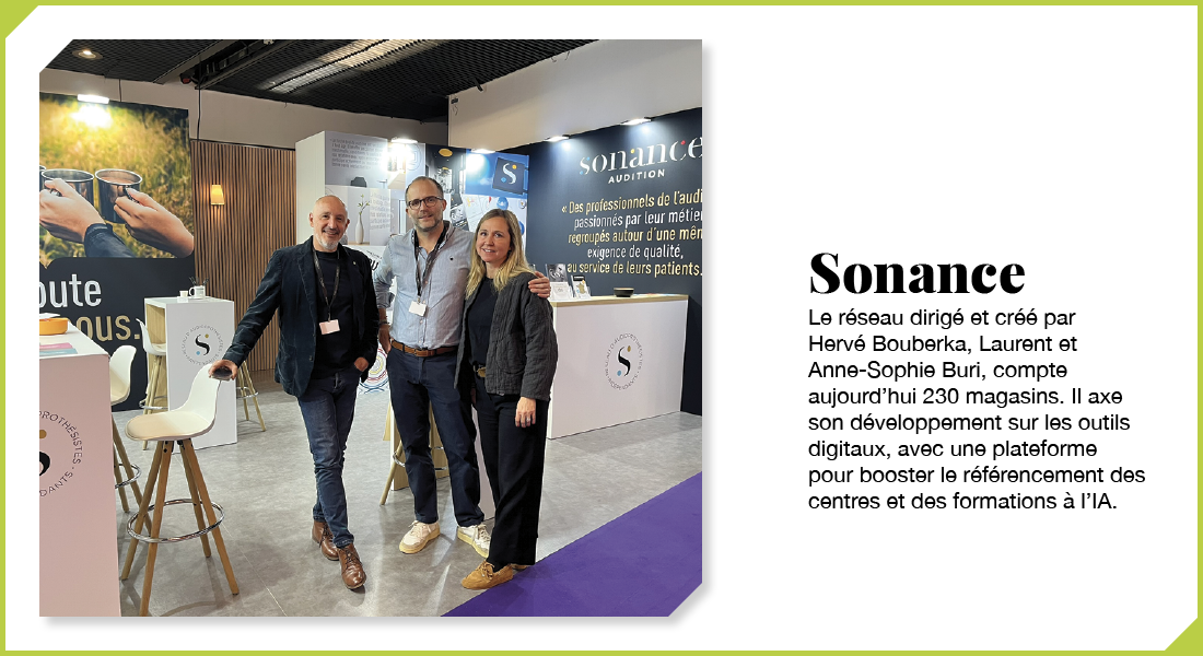 Sonance : Le réseau dirigé et créé par Hervé Bouberka, Laurent et Anne-Sophie Buri, compte aujourd’hui 230 magasins. Il axe son développement sur les outils digitaux, avec une plateforme pour booster le référencement des centres et des formations à l’IA.