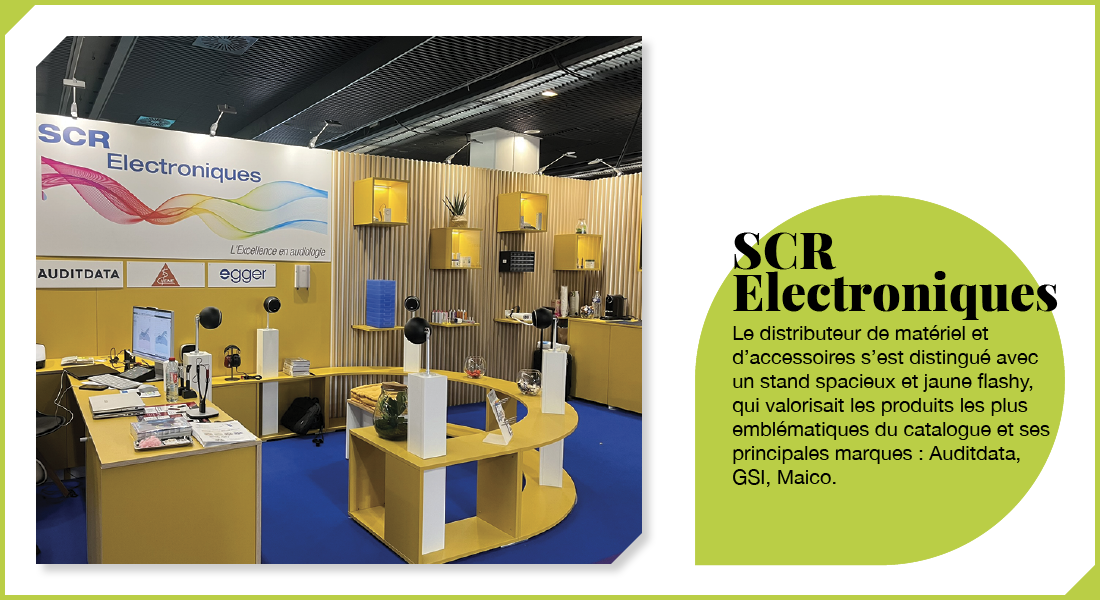 SCR Electroniques : Le distributeur de matériel et d’accessoires s’est distingué avec un stand spacieux et jaune flashy, qui valorisait les produits les plus emblématiques du catalogue et ses principales marques : Auditdata, GSI, Maico.