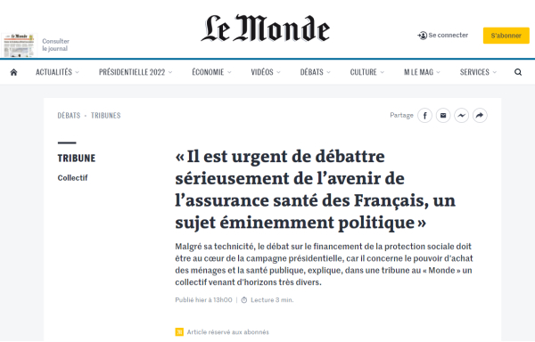 Professionnels de santé et économistes signent une tribune pour que l’assurance santé des Français soit au cœur de la campagne présidentielle